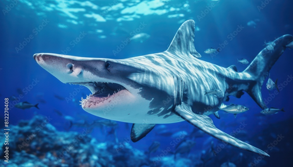 The great White Shark in the ocean, portrait of White shark hunting prey in the underwater The great White Shark in the ocean, portrait of White shark hunting prey in the underwater