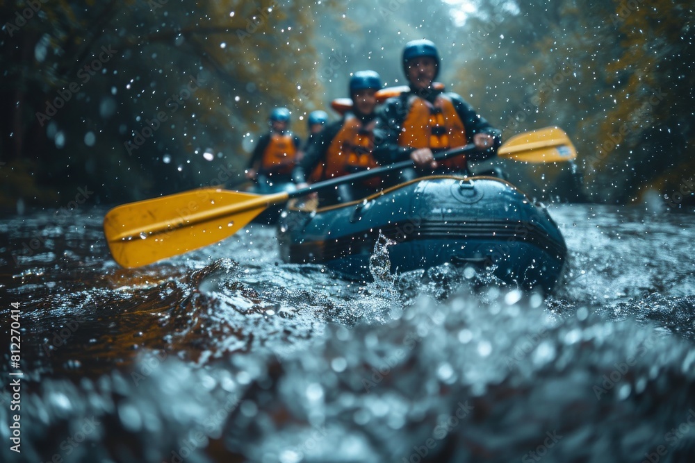 An exhilarating image capturing a group of adventurers whitewater rafting in a river while rain pours down, accentuating the adrenaline-packed moment