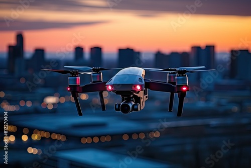 Aerial view of cityscape with drone flying at twilight, Drone hovering over urban skyline during dusk.