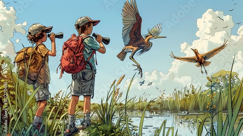 Two children are looking at birds in a field photo