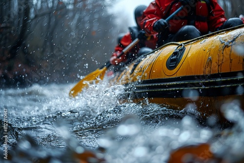 A vivid display of kayakers navigating through rough waters, with a close-up focus on the water and kayak, creating a tangible sense of action