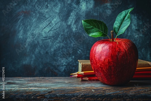 A vibrant red apple with green leaves stands prominently on a rustic wooden table alongside colorful pencils and books, suggesting themes of education and healthy eating photo