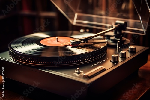 Vintage turntable on wooden table, Retro music player on table