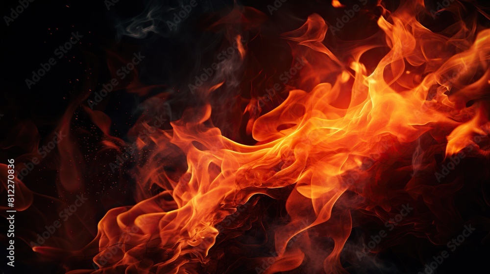 Fiery blaze against the dark background, Intense flame on a black canvas