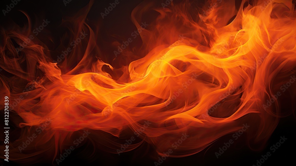 Fiery blaze against the dark background, Intense flame on a black canvas Fiery blaze against the dark background, Intense flame on a black canvas