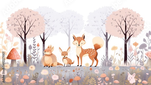 Two foxes in a forest, one sitting and the other standing, surrounded by trees and foliage. © SaroStock