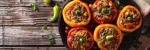 Stuffed bell peppers with ground beef and rice, top view horizontal food banner with copy space photo