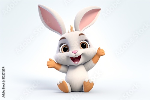 A 3D illustration of a cute white rabbit sitting on the white background.