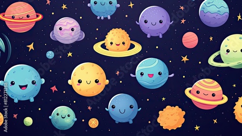 Pattern featuring colorful planets and stars on a dark background, perfect for space enthusiasts.