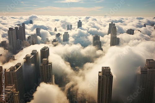 Wallpaper Mural City skyline peeking through clouds, creating a dreamy and mystical atmosphere. Torontodigital.ca