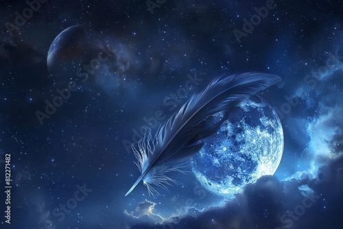 A giant feather floating in space, casting a shadow over the moon as it drifts across the sky