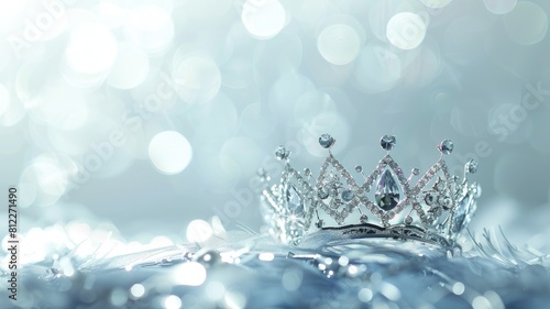 Sparkling crown resting on reflective surface with bokeh background photo
