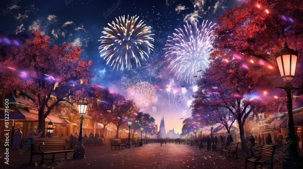 Beautiful fireworks on sky with blossom tree, colorful fireworks at night sky background