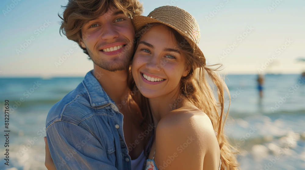 Couple at the sea embracing and smiling