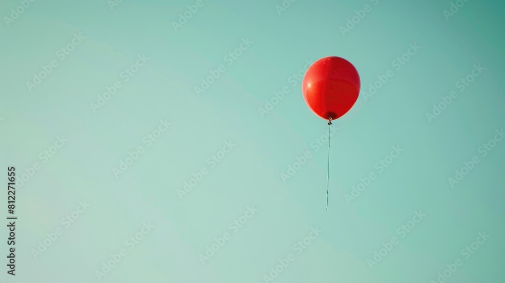 Fototapeta premium Single red balloon floating against clear blue sky with string attached