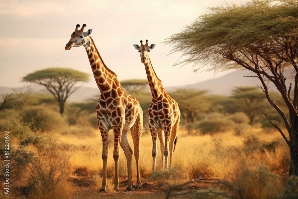Two giraffes standing in tall grass, with one giraffe bending its long neck to reach the leaves.