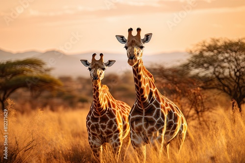 Two giraffes standing in tall grass, with one giraffe bending its long neck to reach the leaves. photo