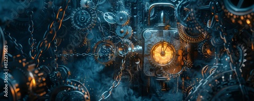 A glowing padlock surrounded by gears and chains, with a clock key unlocking it
