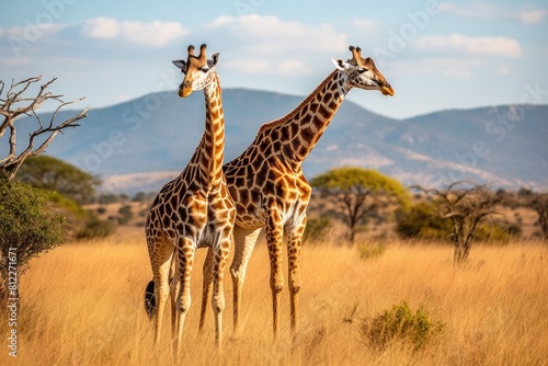 Two giraffes standing in tall grass  with one giraffe bending its long neck to reach the leaves.