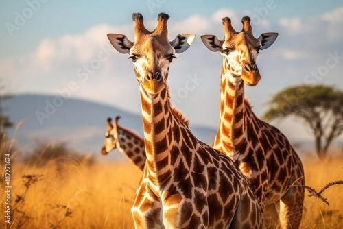 Two giraffes standing in tall grass, with one giraffe bending its long neck to reach the leaves.