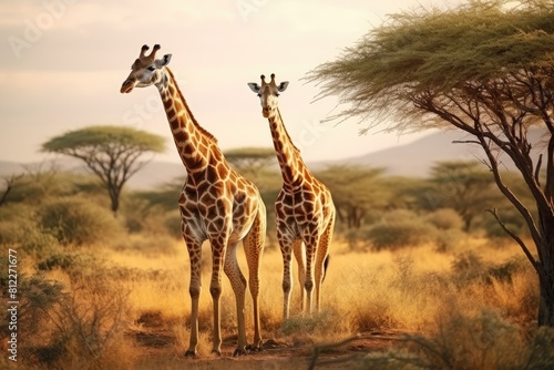 Two giraffes standing in tall grass  with one giraffe bending its long neck to reach the leaves.