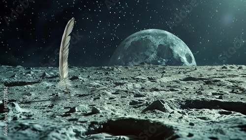 A lone feather stuck in the surface of the moon like a flag, symbolizing exploration and dreams photo