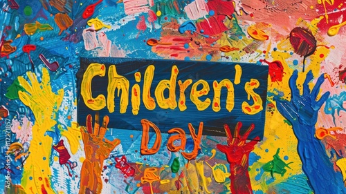 Wallpaper Mural Colorful painting with handprints and "Children's Day" text Torontodigital.ca