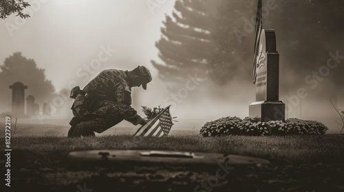 Soldier paying respects at grave in misty cemetery Memorial Day