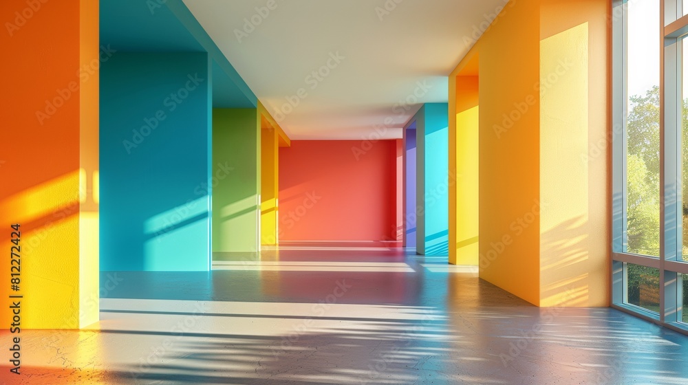 A long hallway with bright colored walls and a large window, AI A long hallway with bright colored walls and a large window, AI