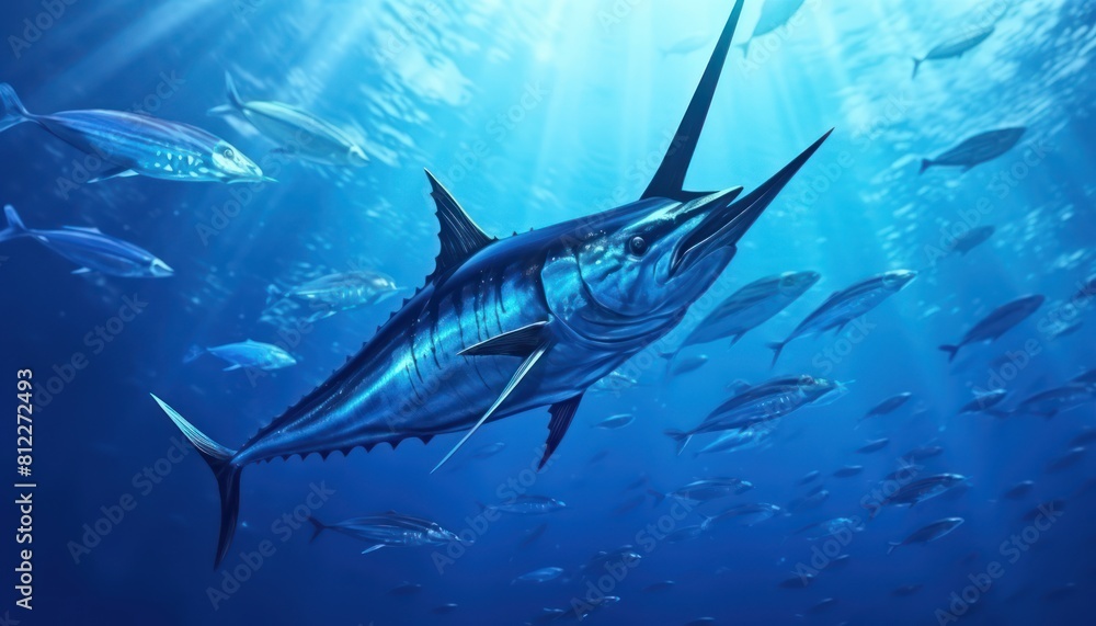 Obraz premium Giant Marlin fish in the ocean, beautiful view of marlin fish in the blue ocean