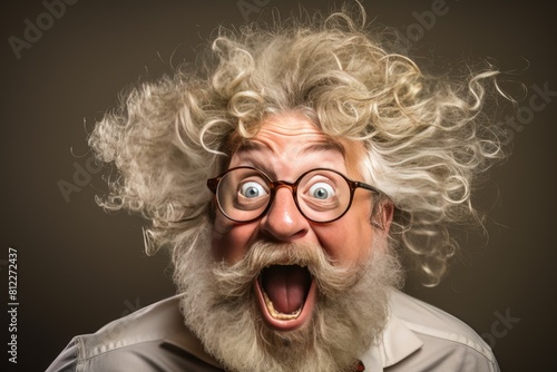 Elderly man in glasses and beard making a silly face, Senior with beard and glasses making a goofy expression.