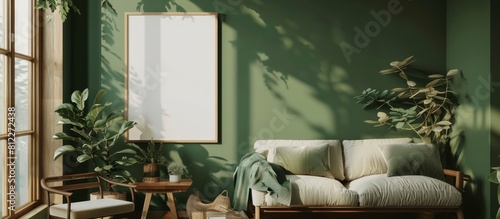 Mockup of a minimalist green interior with a blank frame on the wall ready to display art or design, along with cozy elements such as a sofa, table and plants