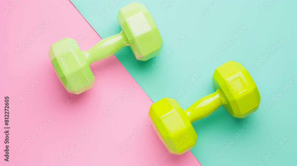 neon green and yellow dumbbells on pink and blue background for fitness and health neon green and yellow dumbbells on pink and blue background for fitness and health