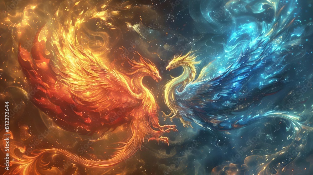 A phoenix and a dragon entwined in a fiery dance, their flames blending and swirling together A phoenix and a dragon entwined in a fiery dance, their flames blending and swirling together