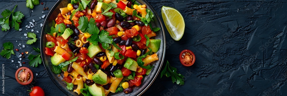 Taco pasta salad with black beans and avocado, top view horizontal food banner with copy space