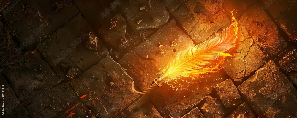 A phoenix feather burning brightly at the end of a wand, illuminating an ancient crypt A phoenix feather burning brightly at the end of a wand, illuminating an ancient crypt