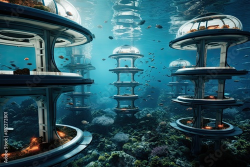 A mesmerizing cityscape of settlement drifting in the deep blue sea, A serene underwater world featuring a bustling community of colony.