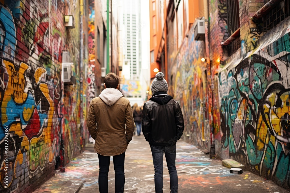 Two people walking through a vibrant alley covered in graffiti, A couple explores an urban street art scene, surrounded by colorful murals.