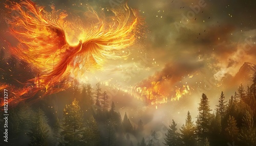 A phoenix rising from the ashes of a forest fire, creating a new landscape as it flies away photo