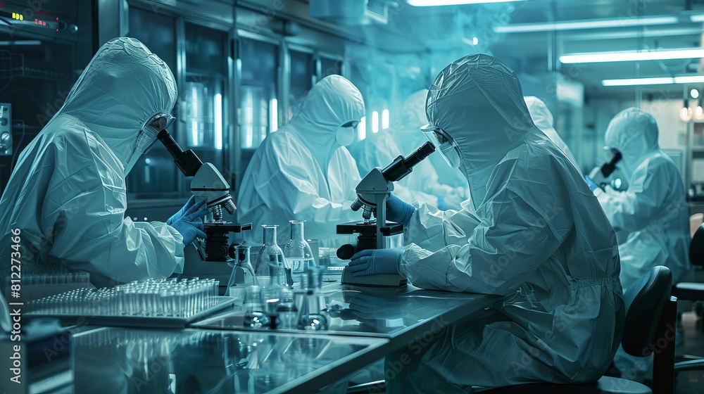Conceptualize a chaotic scene in a biohazard lab where researchers urgently use microscopes to identify a viral outbreaks source Conceptualize a chaotic scene in a biohazard lab where researchers urgently use microscopes to identify a viral outbreaks source