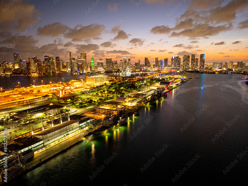 Fototapeta premium Aerial stock photo USS battleships at Port Miami Fleet Week 2024