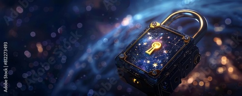 A scifiinspired padlock floating in space, with a key shaped like a constellation