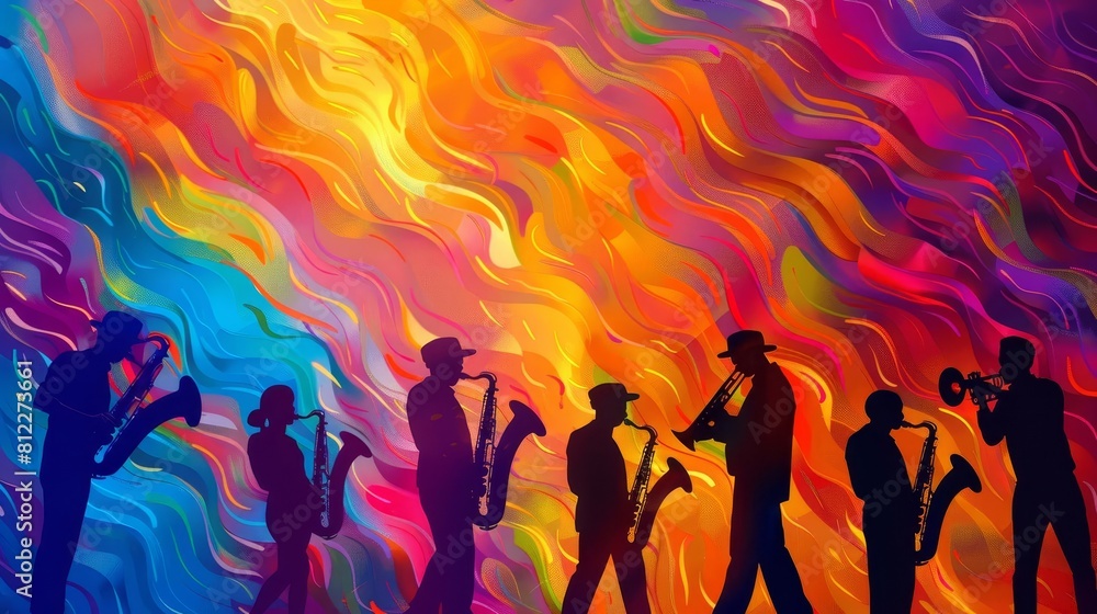 Conceptualize a jazz band silhouetted against a colorful abstract backdrop, perfect for a festival banner with text space