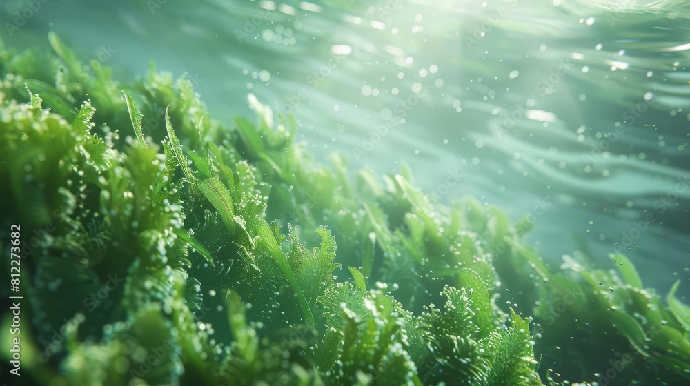 Fototapeta premium Conceptualize a marine biotechnology scene where algae are being engineered to clean up oil spills in the ocean