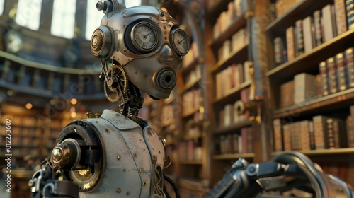 A steampunk robot with a clock face for a head and gears for joints, navigating an old library