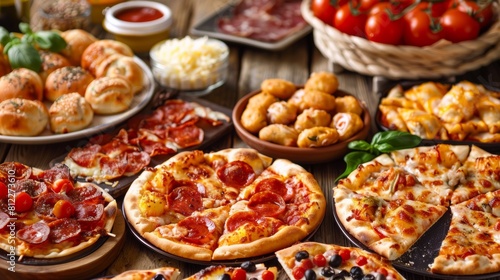 A table topped with many different types of pizzas and other foods  AI