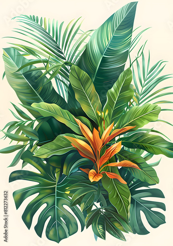 Artistic painting featuring tropical leaves and flowers on a white background