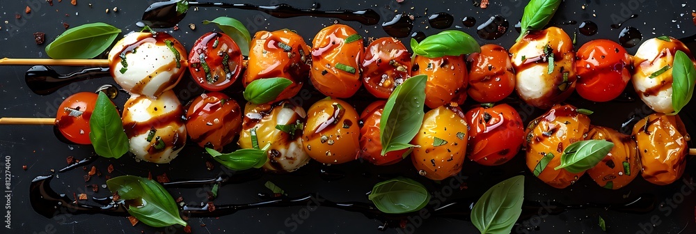 Tomato basil mozzarella skewers with balsamic glaze, fresh food banner, top view with copy space