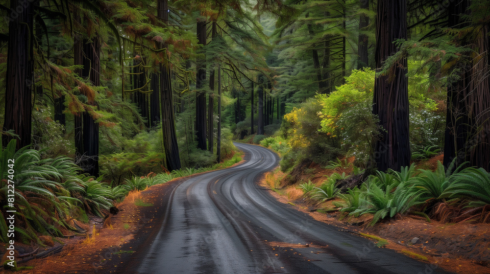 Fototapeta premium Scenic Road Lined With Trees in Redwood National Forest