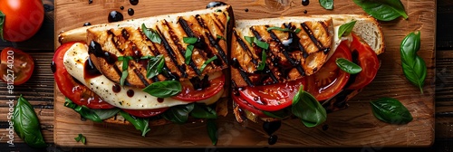 Tomato basil mozzarella panini with balsamic glaze  fresh food banner  top view with copy space